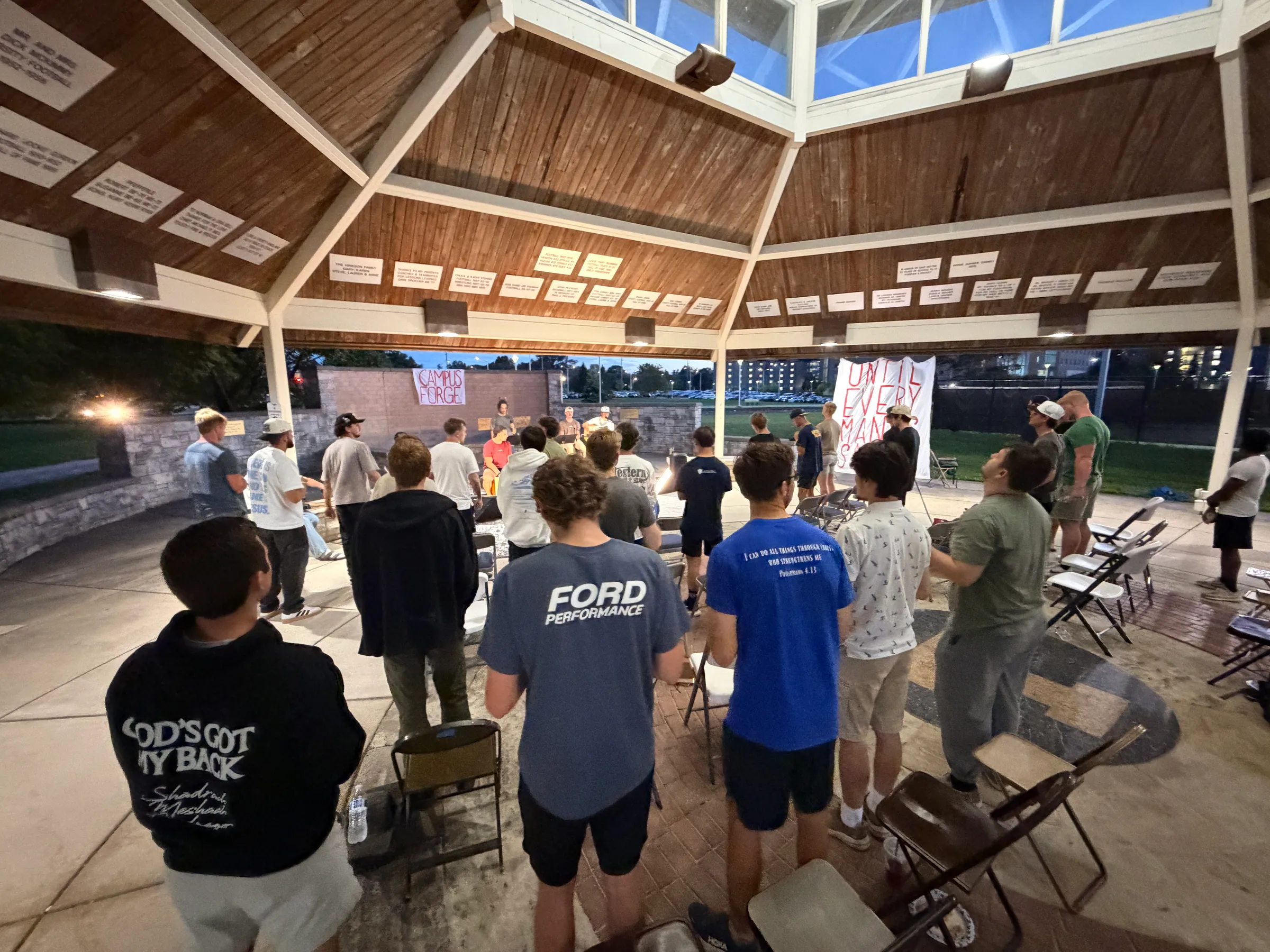 Campus Forge men gathered for a worship night at the Varsity T Pavilion on the University of Toledo campus